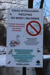 Tablica mówiąca o mądrym dokarmianiu kaczek